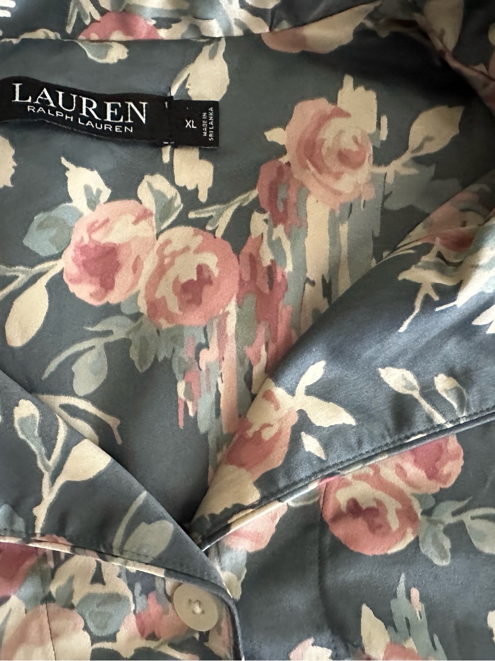 Ralph Lauren Floral Satin Pajama Set Green Long Sleeve Button Down Embroidered - Picture 4 of 8